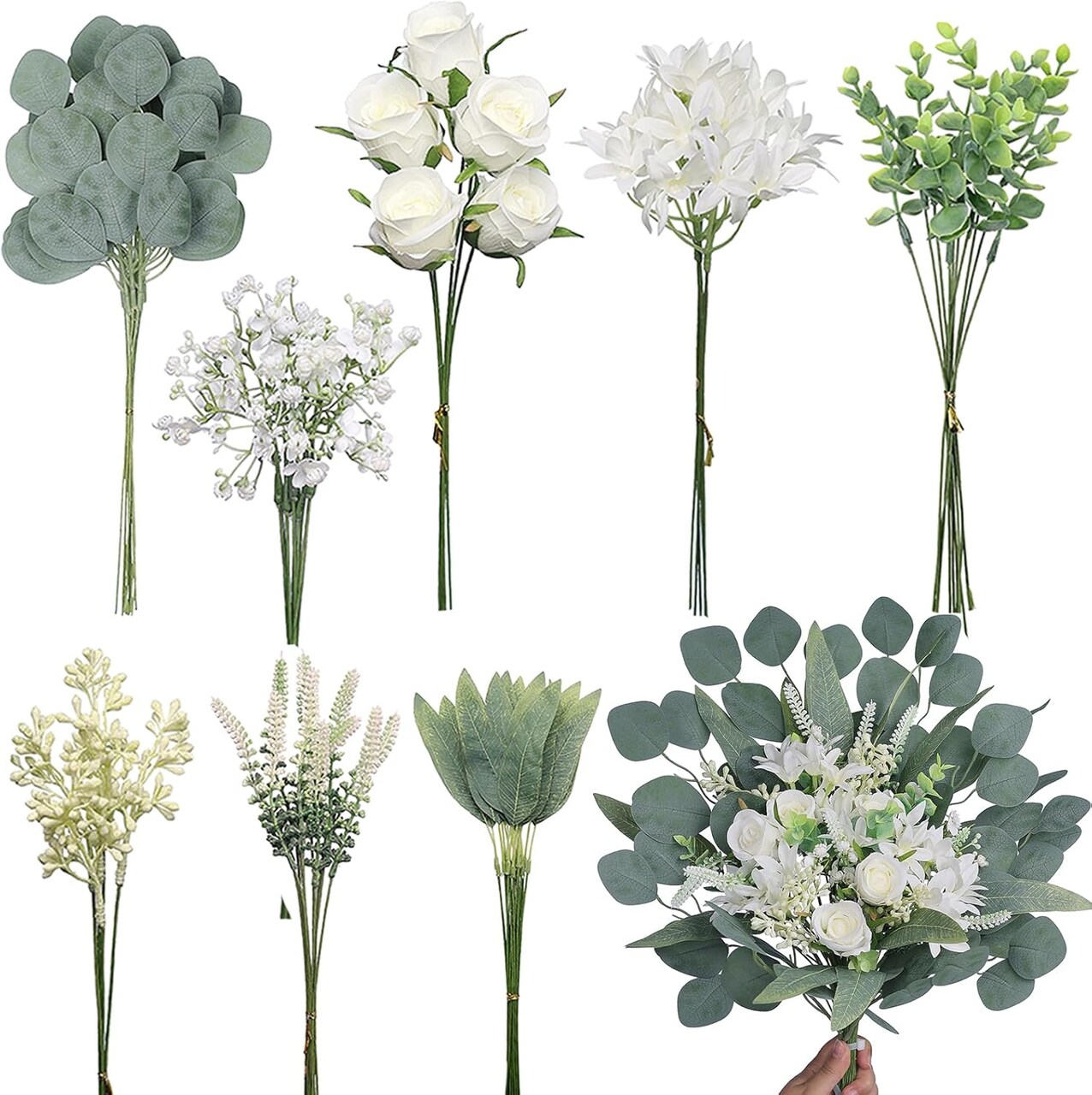 Artificial Greenery Stems Box Set(Pack of 75pcs) with 8 Kinds of Faux Plants and Fake Flowers for DIY Wedding Bouquet Table Centerpieces and Floral Arrangement (White&Green)